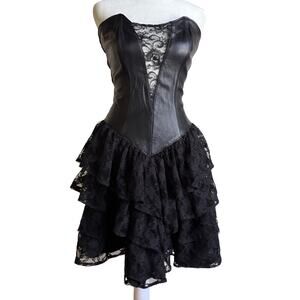 80s Vintage FIRENZE | Black Leather and lace Corset Basque Waist Dress Small